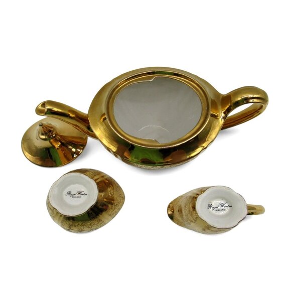 ROYAL WINTON Grimwades Gold Teapot Creamer and Sugar Bowl with Floral Design VTG - Picture 6 of 10